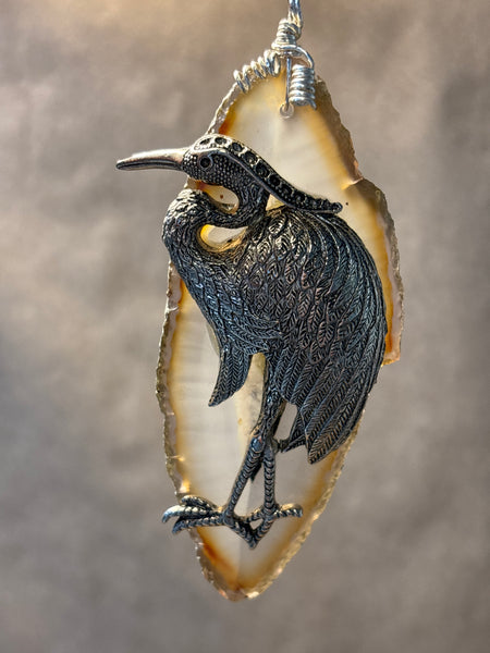 Large Pendant of Crane on Slice of Agate