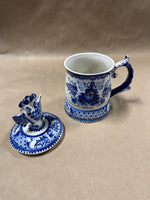 Gzhel Wekma Handmade In Russia Blue & White Porcelain Lidded Beer Stein