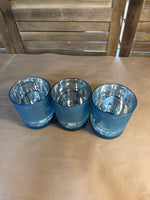 Set Of 3 Frosted Blue Floral And Butterfly Tea Light Candle Votives With Battery Operated Tea Light Candles By Valerie Parr Hill // 2 Sets Available // *** PRICED INDIVIDUALLY ***
