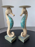 Pair of Sand Textured & Blue Glass Mosaic Seahorse Pillar Candle Holders