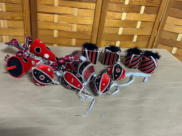 Christmas Ornament Lot, Black and Red Tones