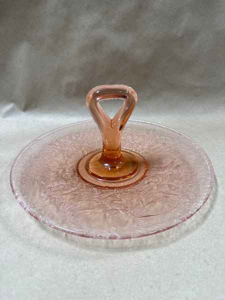 Pink Depression Glass Crackled Glass Style Handle Dessert Platter
