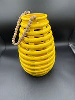 Yellow Ceramic Hanging Lantern With Wooden Beads Handle