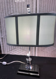 Pair of Modern Curved Chrome Lamps with Dusty Blue Shades (WORKS)