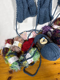 Knitted Scarf And Yarn Skein Lot With Knitting Needles