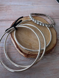 Trio of Silver Tone Bangle Bracelets with Rhinestone Stretch Bracelet