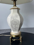 Cream Vintage Ceramic Floral Vase Lamp on Brass Base (WORKS)