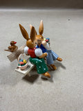 German Erzgebirge Wooden Bunny Rabbits Kissing On A Bench Easter