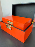 Pair of Galt International Orange Enamel Storage Boxes with Geometric Accent