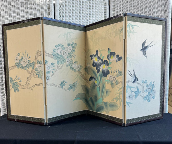 Double Sparrow Floral Asian Tabletop 4-Panel Silk Screen