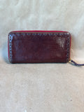 Dooney & Bourke Brown Leather Whipstitch Zip Around Wallet With Red & Green Interior