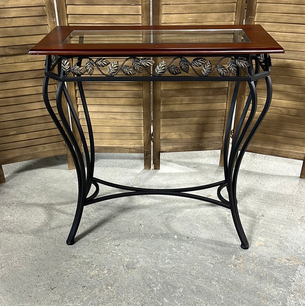 Lightweight Console Table with Aluminum Base and Glass Top, Leaf Accent