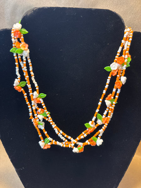 Orange, White & Green Beaded Necklace with Flowers