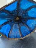 Art Nouveau Edward Miller Antique Brass & Blue Slag Glass Lamp Shade