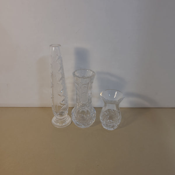 Set of 3 Clear Cut Glass Vases