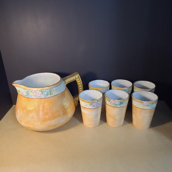 7 PC Orange Lusterware Floral Rimmed Pitcher and Cups Set