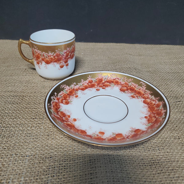 Red Floral Pattern and Gold Rim Teacup and Saucer Set