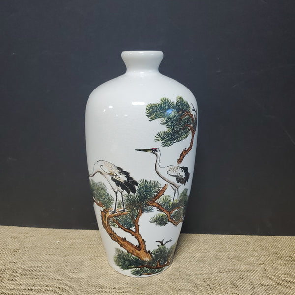 Vintage Asian Inspired White Vase with Cranes
