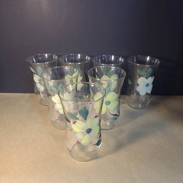 Set of 7 Hand Painted Yellow Flower Clear Drinking Glasses