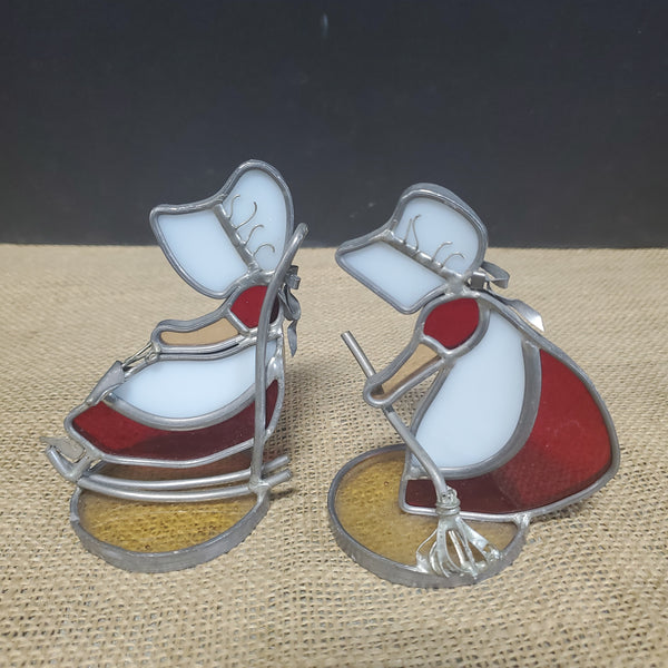 Pair of Stained Glass Maidens in Red Dresses
