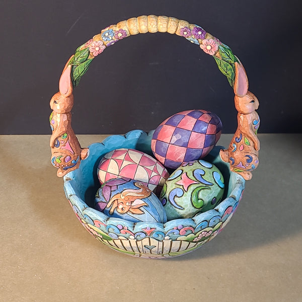 Jim Shore Heartwood Creek " Hunting Eggs Finding Joy" Basket w/ 4 Eggs