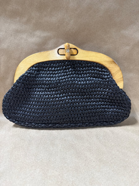 Black Raffia Straw Clutch With Wooden Handles