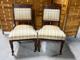 Pair of Antique Chairs with Front Casters and Plaid Fabric