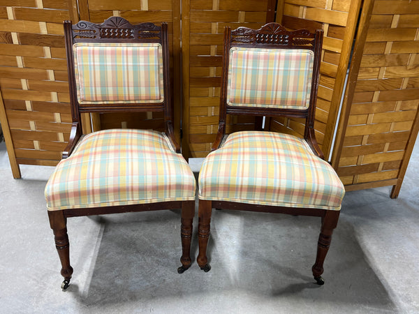 Pair of Antique Chairs with Front Casters and Plaid Fabric