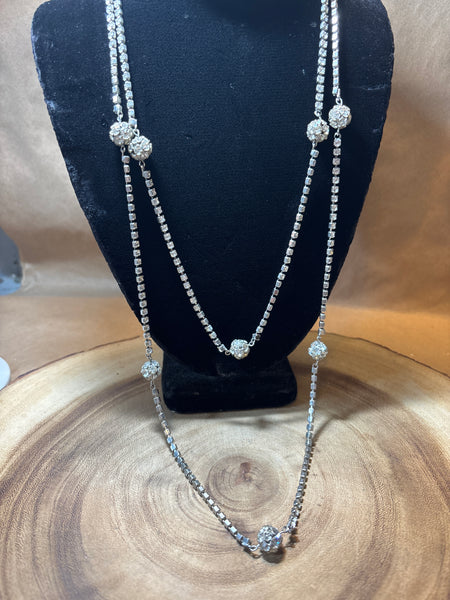 Long Rhinestone/Silver Necklace - 28”