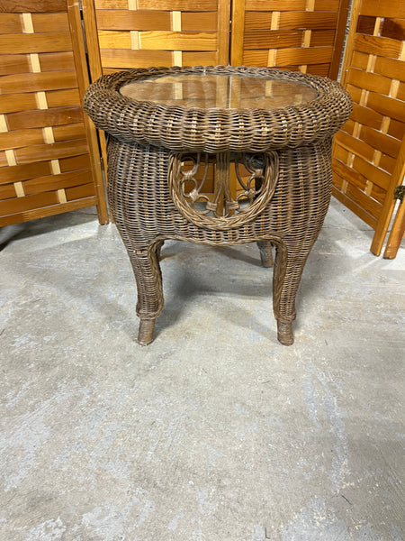 Wicker Round Side Table with Glass