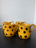 4-Piece Mustard Yellow with Brown Polka Dots Pottery Mugs