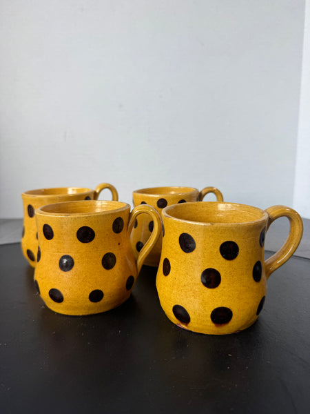 4-Piece Mustard Yellow with Brown Polka Dots Pottery Mugs