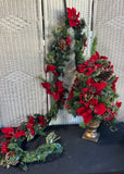2-Piece Prelit Poinsettia Christmas Tree Topiary & Garland Decorative Set in Box AS IS (READ DESCRIPTION CAREFULLY) (2 AVAILABLE—PRICED INDIVIDUALLY AT $25 EACH)