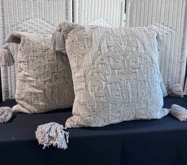 Trio of Grey Beige Throw Pillows with Tassels