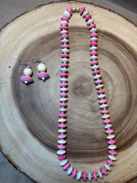 Pink & Natural Wood Tone Necklace / Earring Set