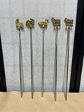 Vintage Skewers with Brass Farm Animals/Stainless Steel Shafts, 5 pc, 16”L