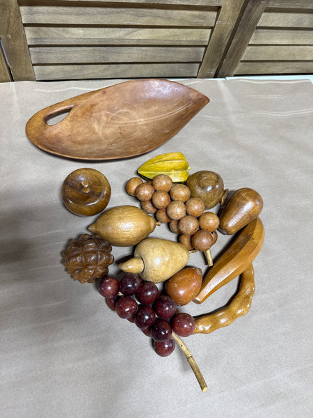 (B) Lot Of Mid Century Wooden Fruit With Wooden Tray — 12 Pieces