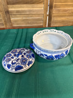 Blue And White Floral Pot With Lid