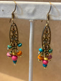 Gold Tone Earrings with Flower Design & Colorful Beads