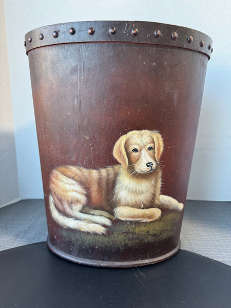 Hand Painted Puppy Vintage Wooden Waste Basket