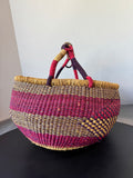 Pink & Purple Woven African Bolga Basket with Leather Wrapped Handle