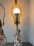 Pair of Antique Porcelain Figural Lamps with Heavyweight Metal Bases (WORKS) AS IS (READ DESCRIPTION CAREFULLY)