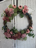 Faux Dusty Pink & Blue Floral Grapevine Wreath