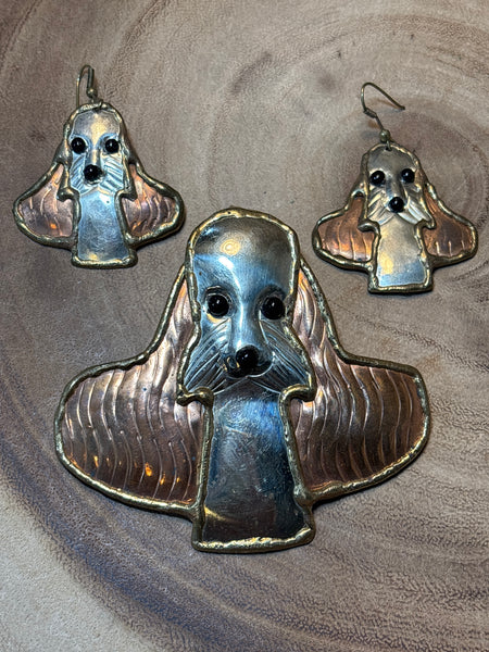 Silver/Copper/Gold Tone Dog Earring & Pendant/Pin Set