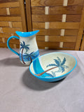 Enameled Palm Tree Pitcher And Oval Serving Bowl