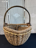 Handwoven Seagrass Gathering Basket With Bent Wooden Handle AS IS
