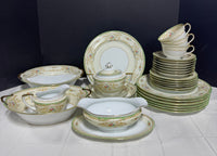 32-Noritake Japan N830 Green Rimmed Floral China Set