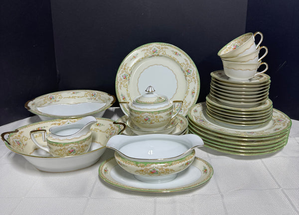 32-Noritake Japan N830 Green Rimmed Floral China Set