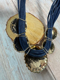 Gold Tone Seashell Cluster Multi-Strand Blue Corded Statement Necklace