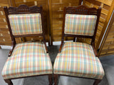 Pair of Antique Chairs with Front Casters and Plaid Fabric